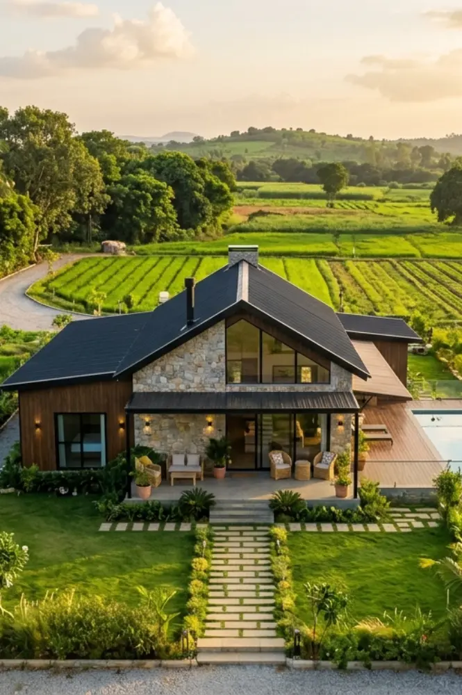 A well-built house at the center, surrounded by lush green farm plots.