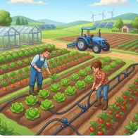 Farm maintenance activities with irrigation, crops, and tractor in a well managed farmland