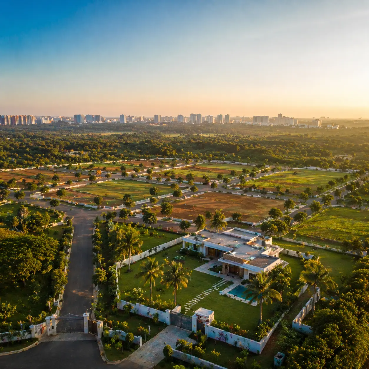 Lush green farmland in bangalore south featuring open fields, rural roads, and a calm countryside setting