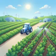 Modern farming with tractor, irrigation system, and organized crop rows in green farmland
