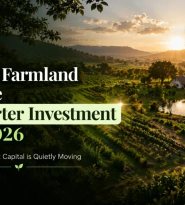 Managed farmland landscape at sunrise with ‘why farmland Is the smarter investment in 2026 text.