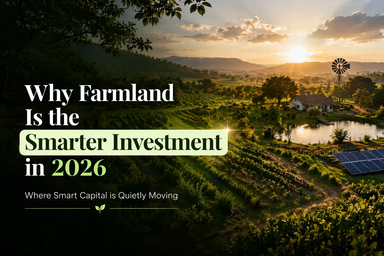 Managed farmland landscape at sunrise with ‘why farmland Is the smarter investment in 2026 text.