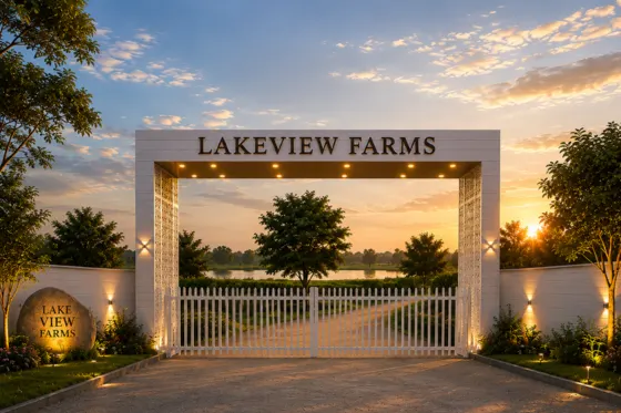 Entrance arch of Lakeview Farms managed farmland near bangalore